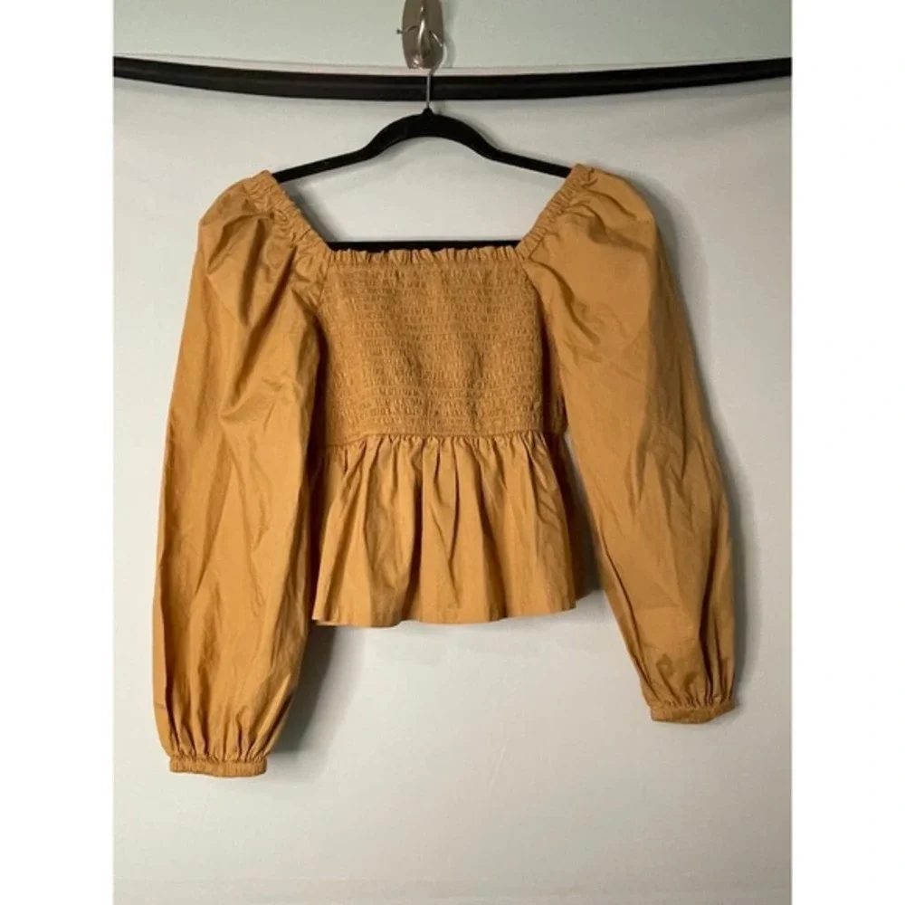 J. Crew‎ Square Neck Smocked Peplum Long Sleeve Top Camel Tan XS